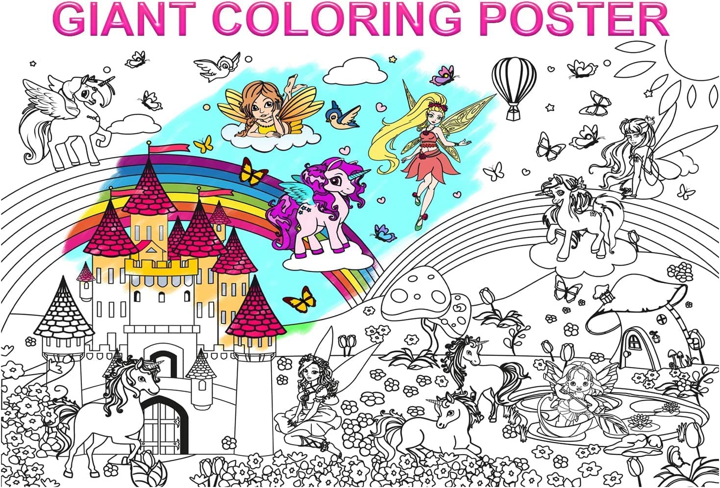 Coloring poster for children, unicorn and fairy