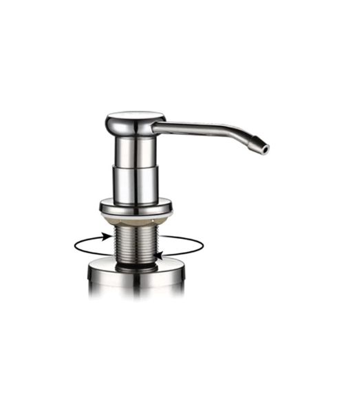 A liquid soap container installed in the sink or countertop, made of stainless steel (silver head).