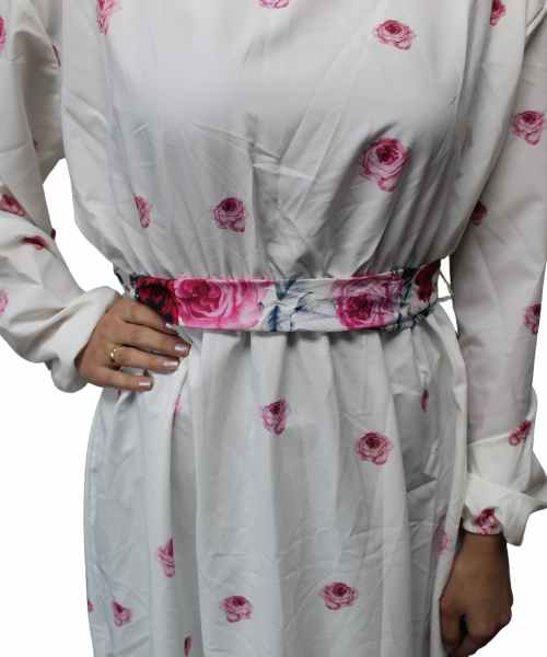 Floral Printed Maxi Dress Full Sleeve Round Neck For Women - White Pink