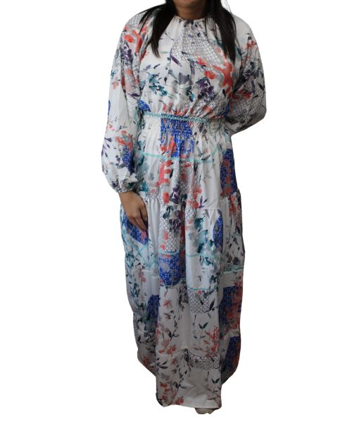 Printed Maxi Dress Shift Full Sleeve Round Neck With Elastic For Women - Multi Color