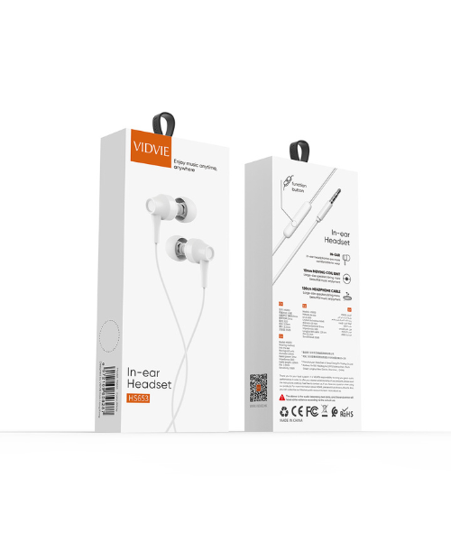 VIDVIE in-ear wired headphone with high-resolution microphone, model HS653, white color