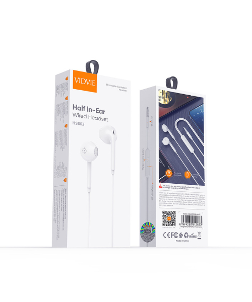VIDVIE in-ear wired headphone with high-resolution microphone, model HS662, white color