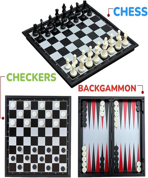 مجموعة ألعاب في علبة مغناطيس مكونة من لعبة الشطرنج والداما والطاولة - مجموعة ألعاب لوحية 3 في 1، قابلة للطي والحمل بحجم 25 سم، مثالية للسفر