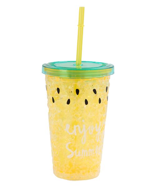 Flamer Cocktail Shaker Cup With Enjoy Summer Sticker And Plastic Straw 450 Ml - Yellow Green