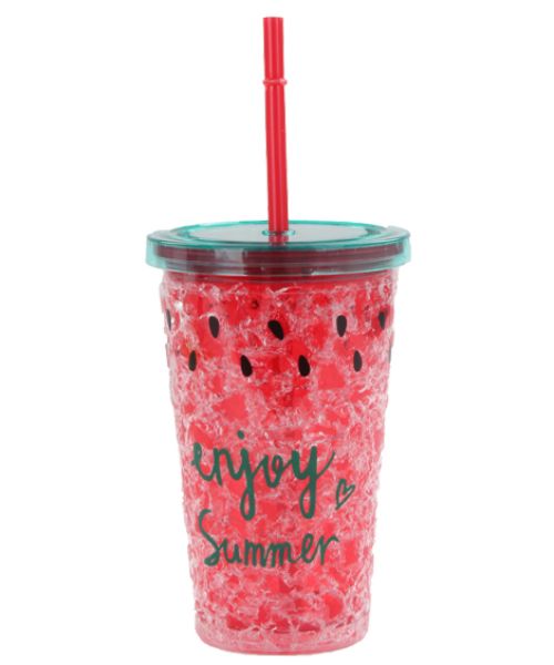 Flamer Cocktail Shaker Cup With Enjoy Summer Sticker And Plastic Straw 450 Ml - Red Green