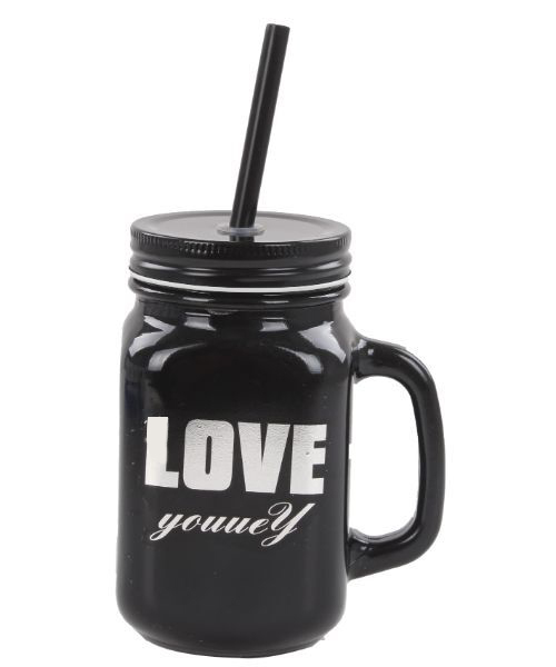 Flamer Juice Mug With Silver Sticker And Plastic Straw 400 Ml - Black
