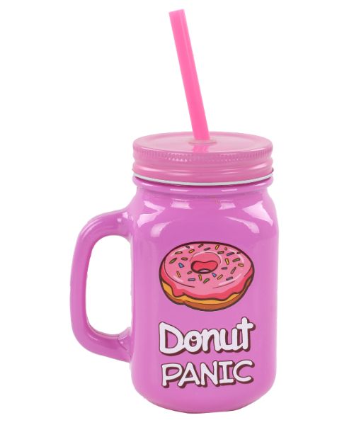 Flamer Juice Mug With Donut Panic Sticker And Plastic Straw 400 Ml - Pink