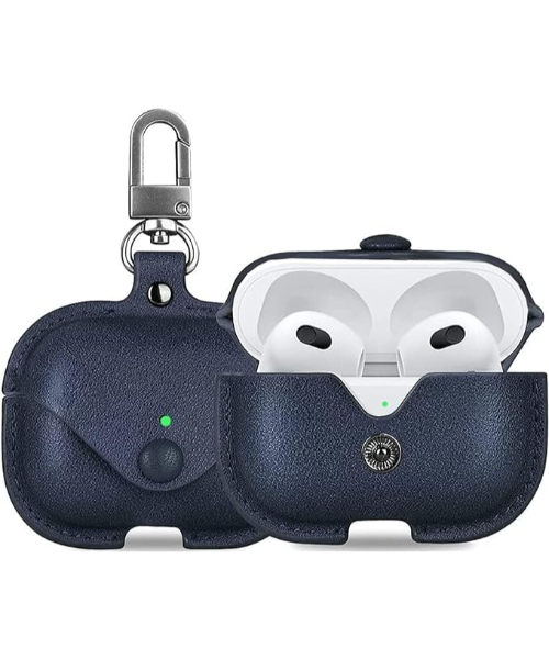 Cover for Apple AirPods pro 2 Wireless Charging Case Headphones EarPods, Soft Leather Cover with Carabiner Clip (Navy Blue)