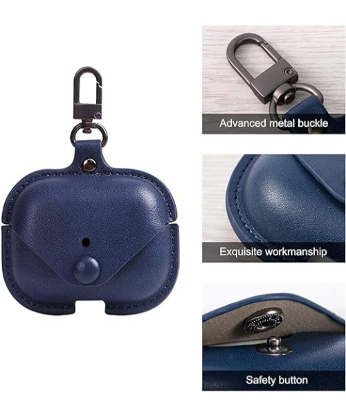 Cover for Apple AirPods pro 2 Wireless Charging Case Headphones EarPods, Soft Leather Cover with Carabiner Clip (Navy Blue)