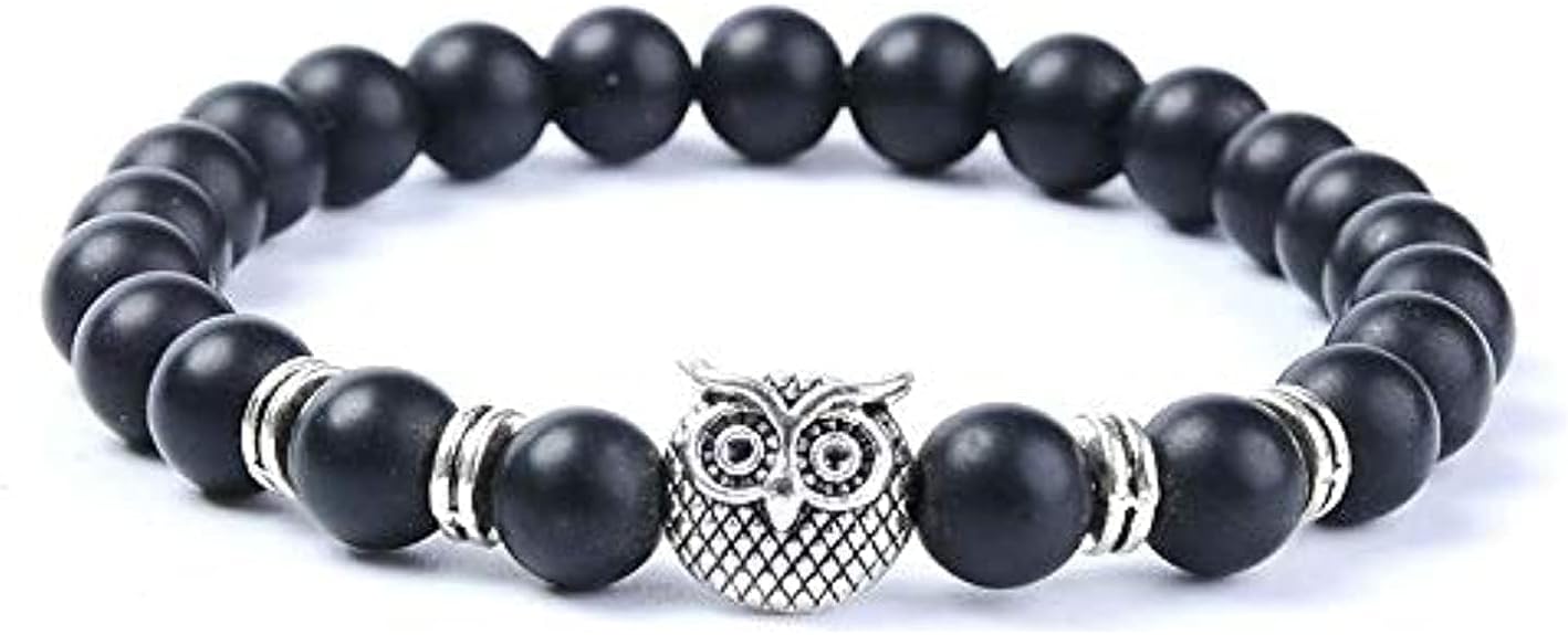 Natural Stone Black Beads Stone Owl Bracelet For Men and Women