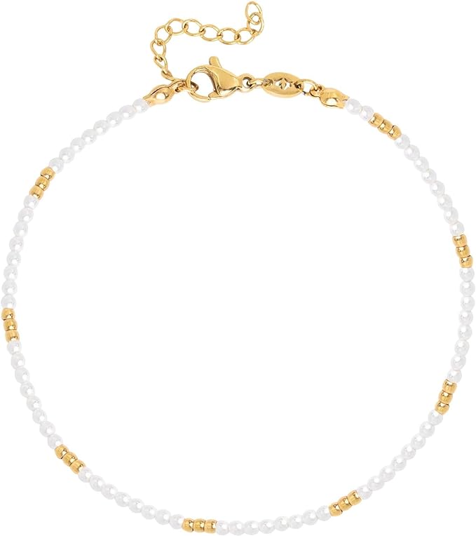 Classic Anklet with Elegant Chain Design Decorated with Beads - White Gold