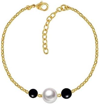 Gold Plated  Anklet With Black and Pearl Beads for Women