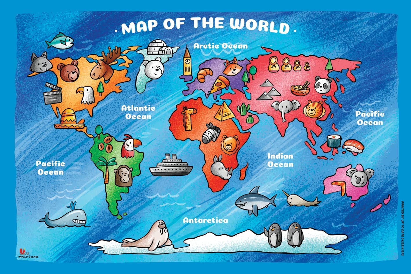 A high-quality design of the world map for children with animals that live on each continent