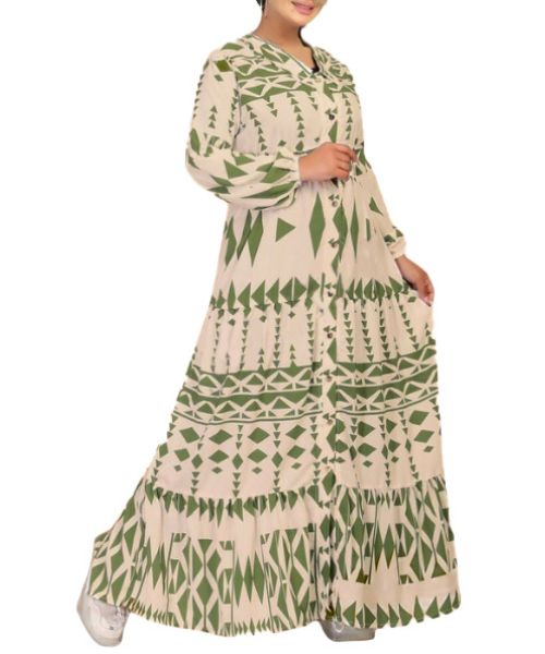 Printed Full Sleeve V Neck Maxi Dress For Women - Beige Green