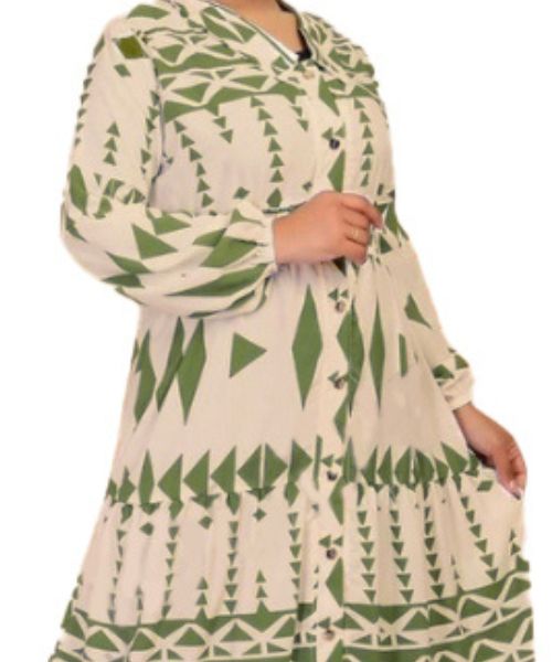 Printed Full Sleeve V Neck Maxi Dress For Women - Beige Green