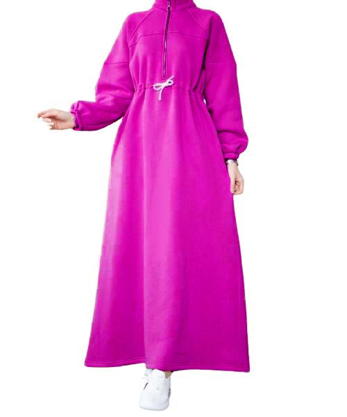 Solid Milton  Dress Full Sleeve High Neck With Zipper For Women - Fushia