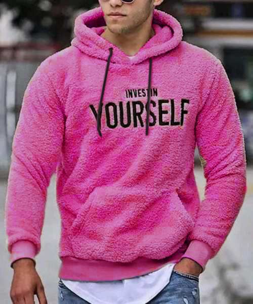 Printed Fur Hoodie With Pockets Full Sleeve For Men - Fuchsia