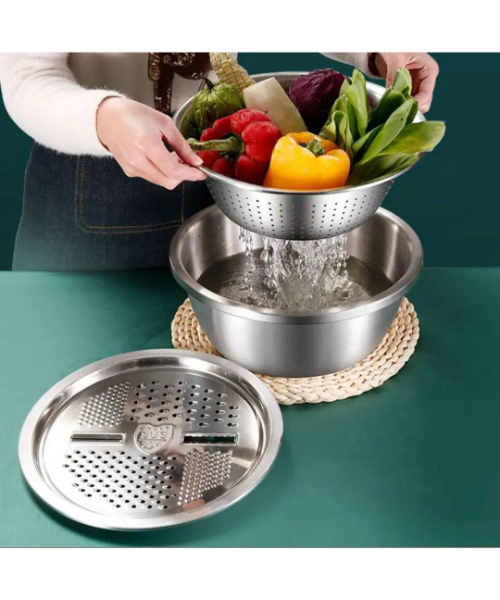 Stainless Steel Grater With Mixing Bowl And Strainer Multi-Purpose 3 Pieces - Silver