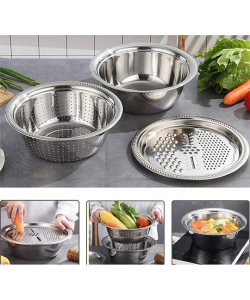 Stainless Steel Grater With Mixing Bowl And Strainer Multi-Purpose 3 Pieces - Silver