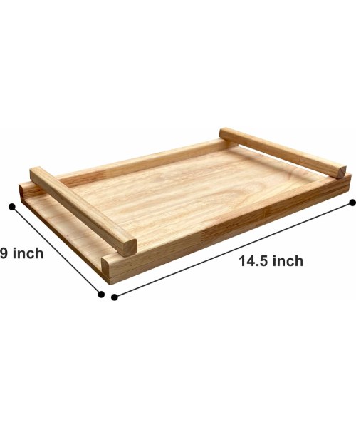 Rubber Wooden Serving Tray with Handles - Decorative Platter for Dinner, Tea, Coffee, Snacks, Breakfast, Home, Restaurant, Office, Bar, 14.5" x 9", Rectangular Multi Color