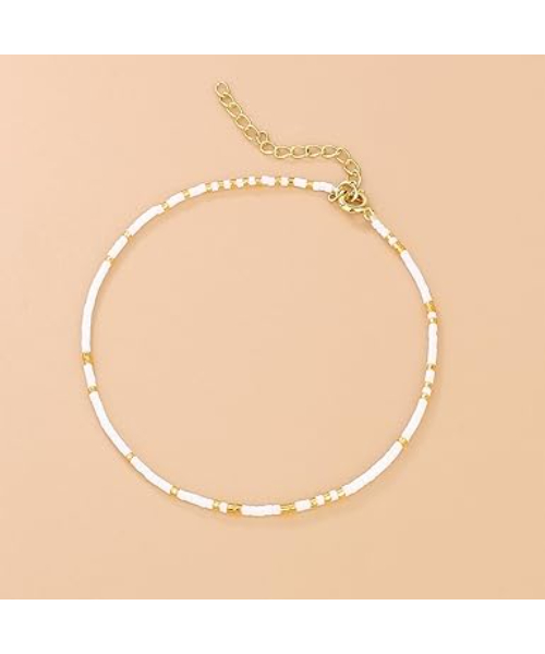 Classic Anklet with Elegant Chain Design Decorated with Beads - White Gold