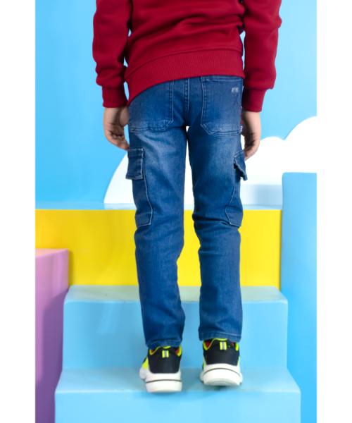 بنطلون جينز كارجو سادة  للاولاد - ازرق