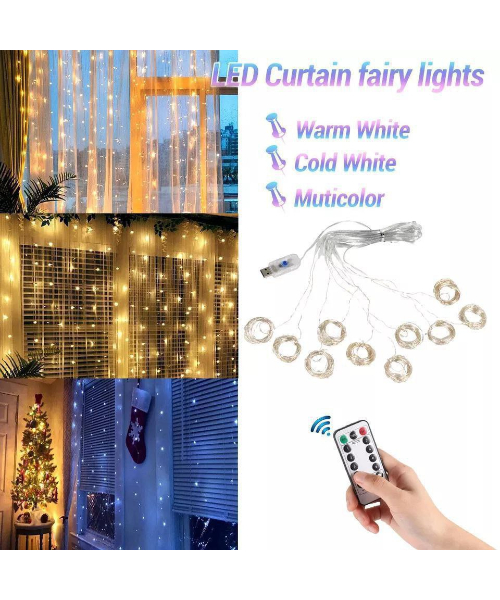 Illuminated curtain  with remote control 8 lighting modes 3 x 3 meters - multicolored