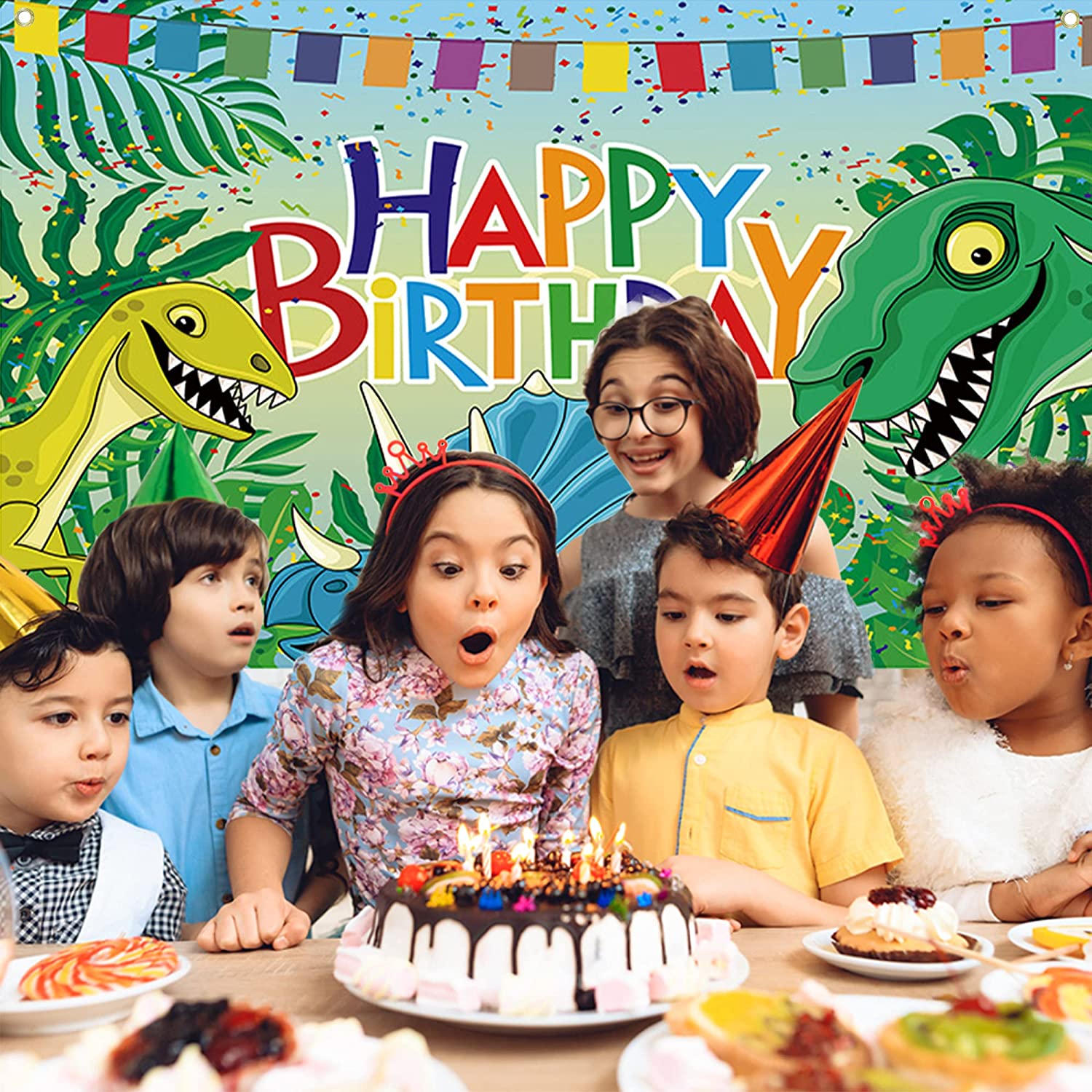 Birthday background poster with dinosaur design