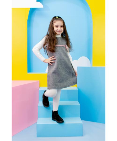 Solid Wool winter Dress Sleeveless For Girls - Grey