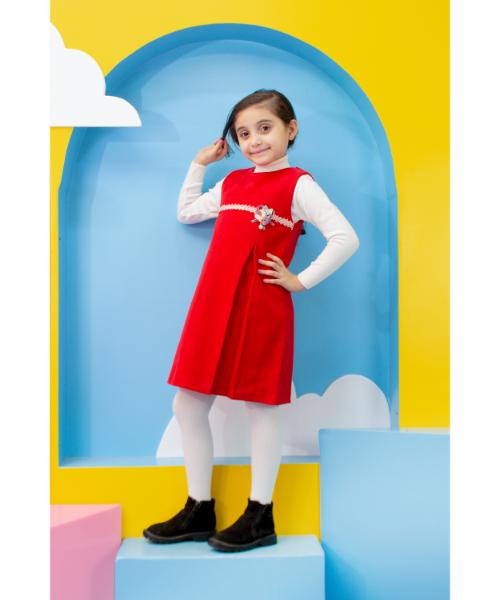 Solid Wool winter Dress Sleeveless For Girls - Red