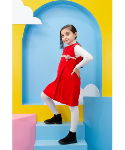 Solid Wool winter Dress Sleeveless For Girls - Red