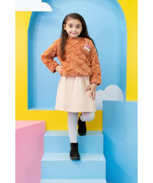 Solid Velvet Dress casual For Girls 2 Pieces- Camel Brown