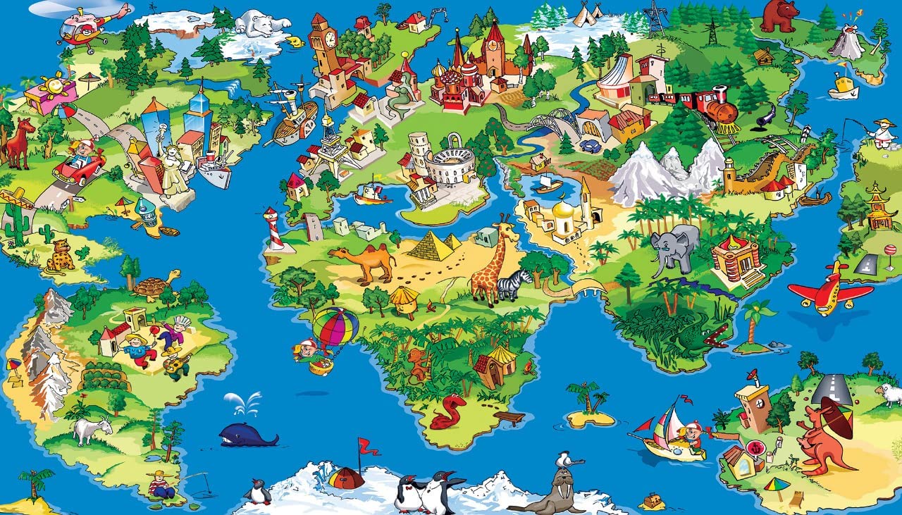 A colorful cartoon map for children showing the country's landmarks