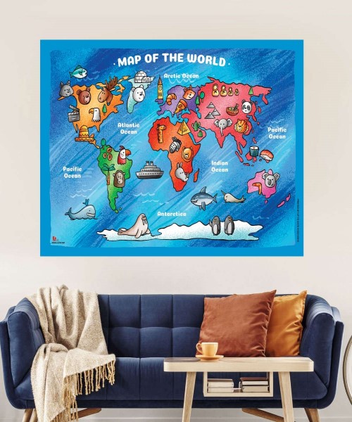 A high-quality design of the world map for children with animals that live on each continent