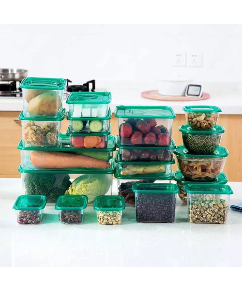 طقم تلاجه وحافظات طعام بلاستيك 17 قطعه - اخضر شفاف