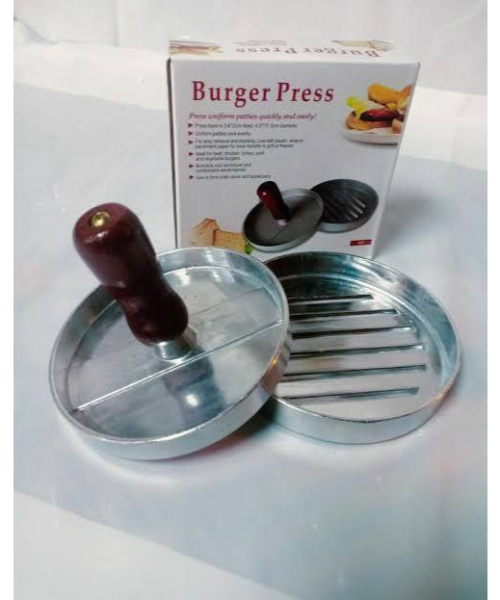 Metal burger press with wooden handle - silver