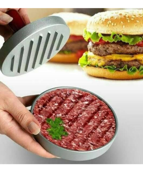 Metal burger press with wooden handle - silver