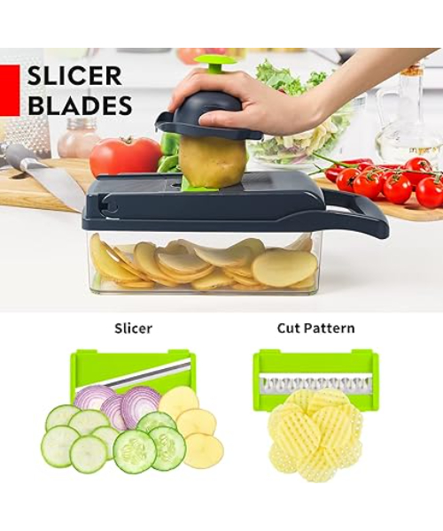 Manual Vegetable Grater And Slicer With Interchangeable Blades 14 Pieces - Grey Green
