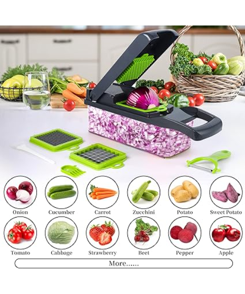 Manual Vegetable Grater And Slicer With Interchangeable Blades 14 Pieces - Grey Green