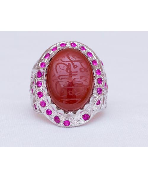 Silver Ring 925 Yemen Lubbster Agate Engraved with Sapphire