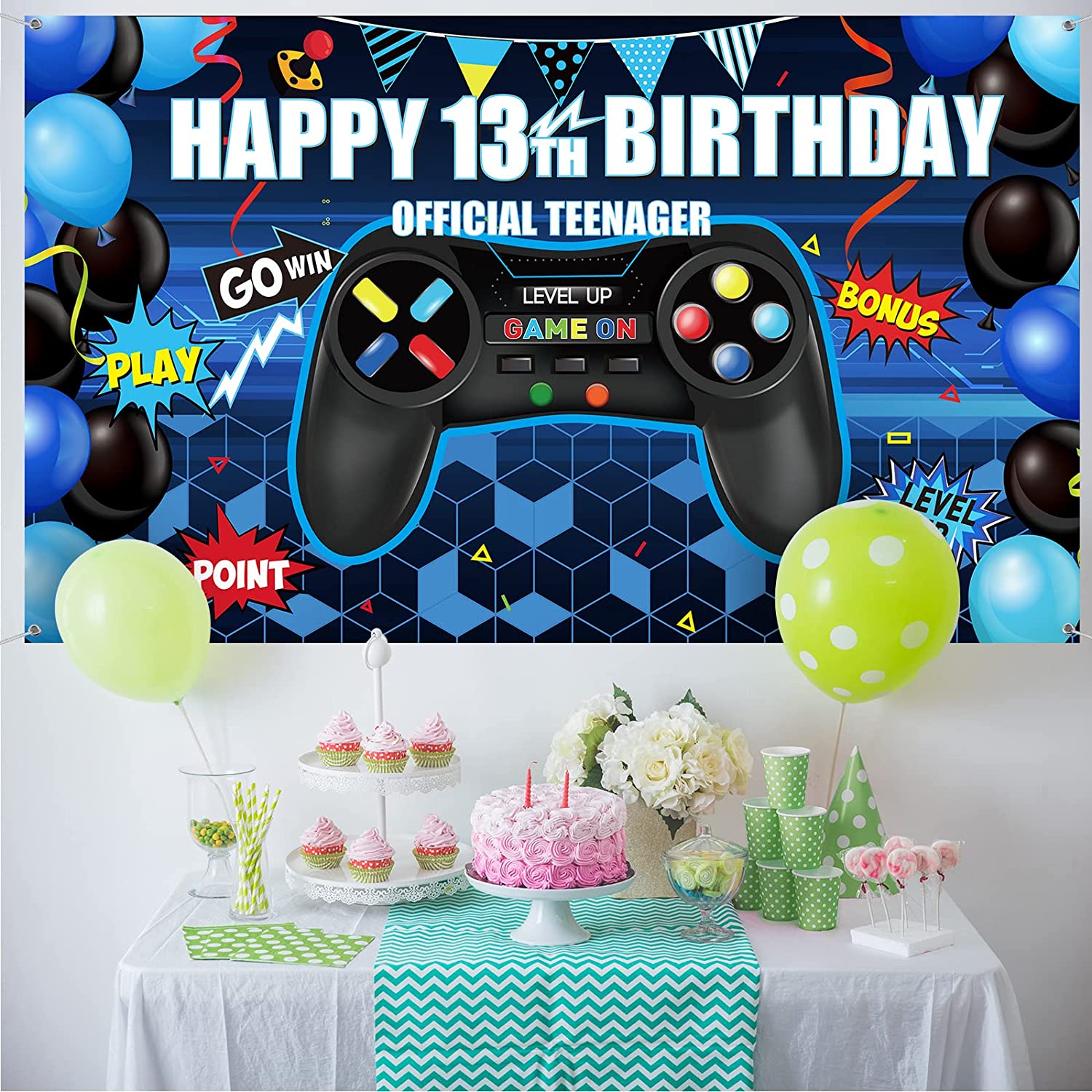 Birthday banner video game style background for 13th birthday