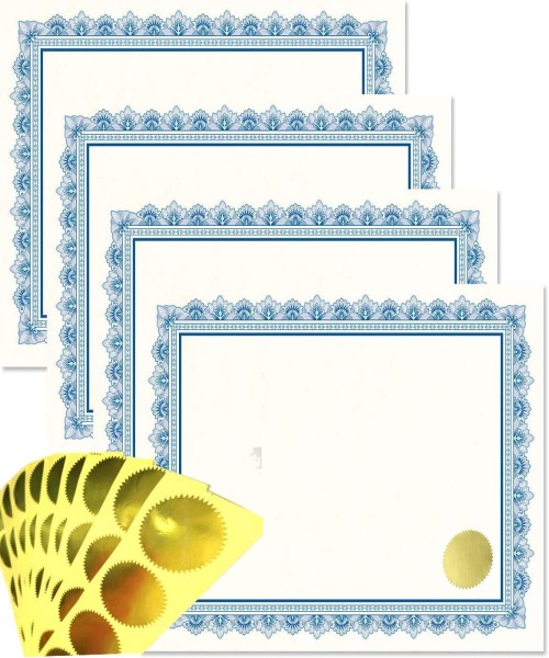 Blank certificate paper containing a blue frame with a gold foil stamp