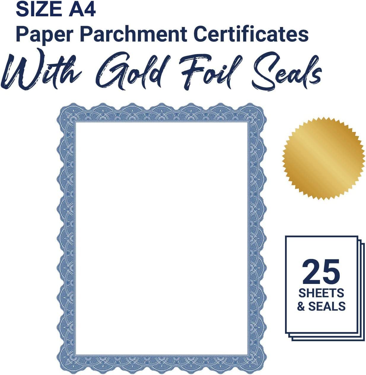 Blank certificate paper containing a blue frame with a gold foil stamp