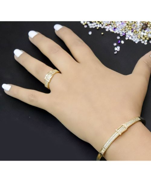 3Diamonds Jewelry Set Bracelet And Ring 2 Pieces Gold Plated With Zircon - Gold 