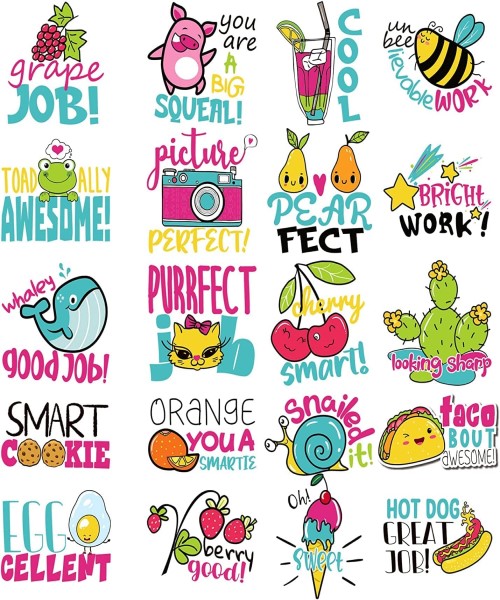 Stickers with cartoon shapes and motivational words