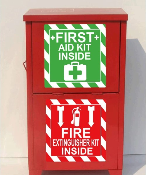 ستيكر لاصق مطبوع بعبارة Fire Extinguisher Inside First Aid Kit Inside