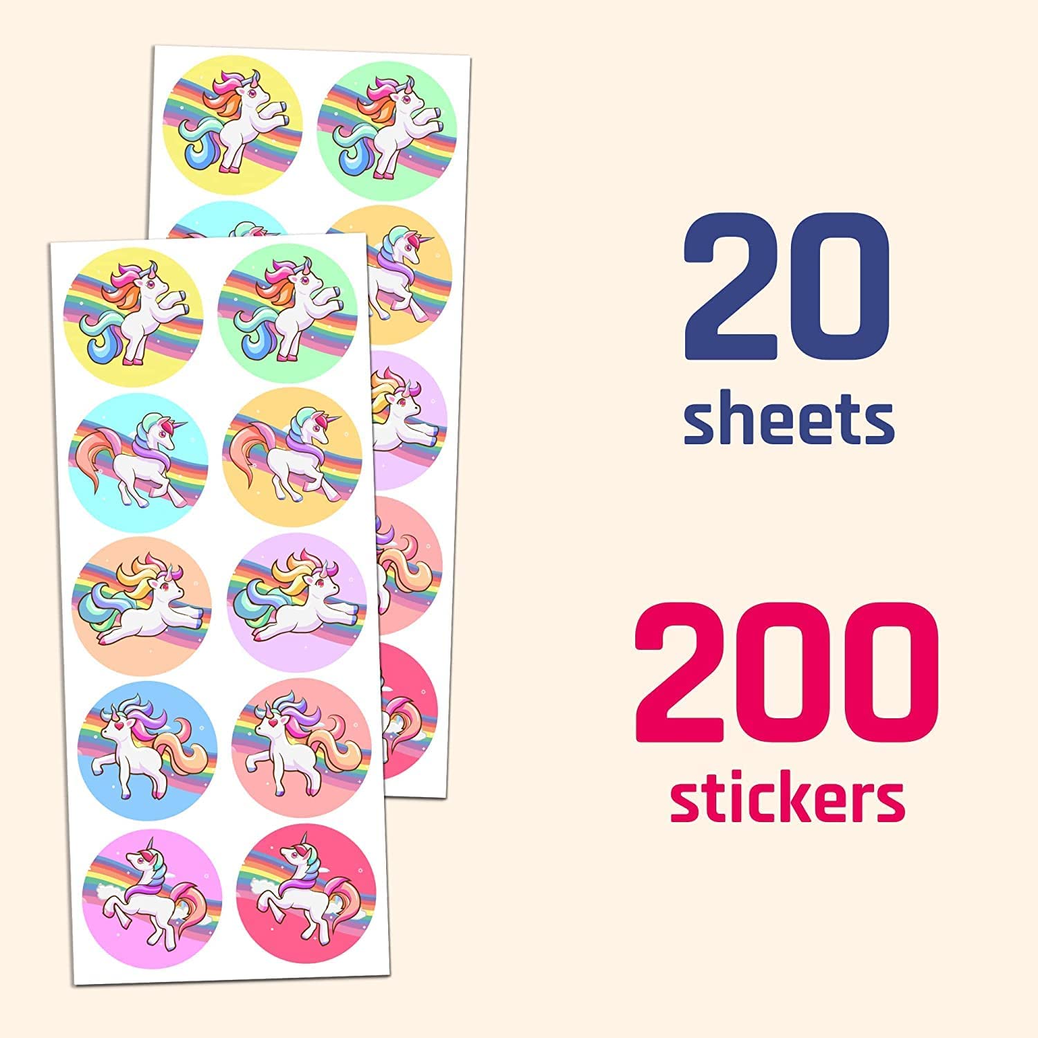 Unicorn round sticker 10 sheets - 200 stickers