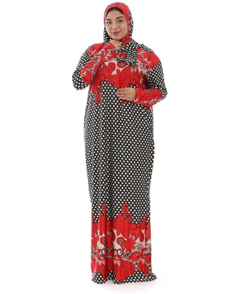 Floral Printed Prayer Dress For Women -  Black Red