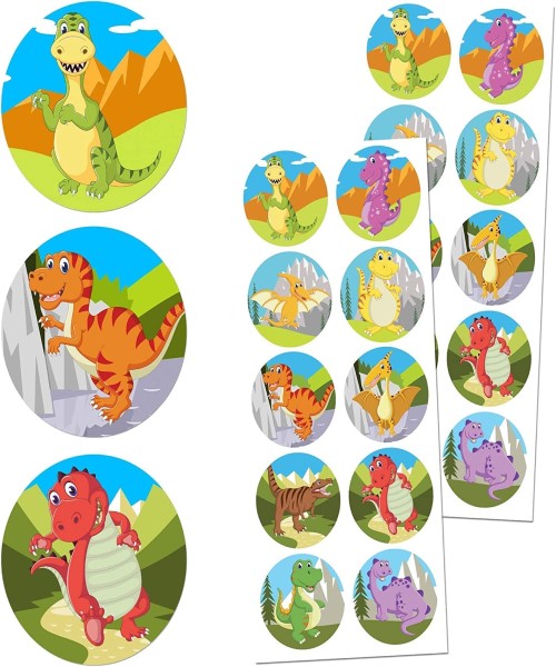 Round adhesive stickers with a dinosaur shape design