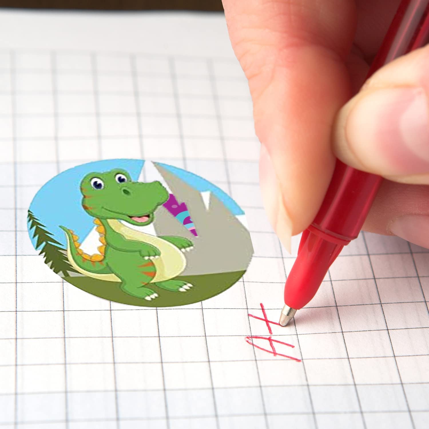 Round adhesive stickers with a dinosaur shape design